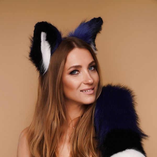 Fluffy kitsune ears blue with black white tip