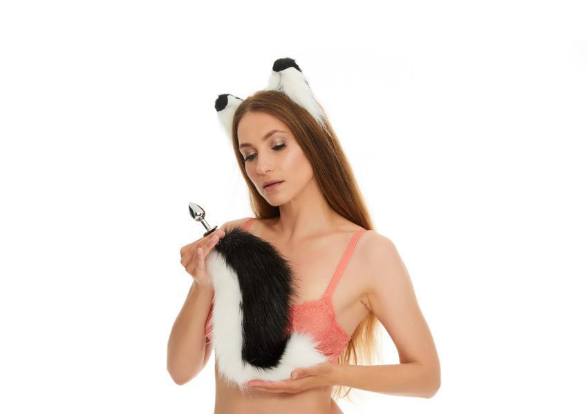 Dog tail butt plug black with white 12" 11908455 фото
