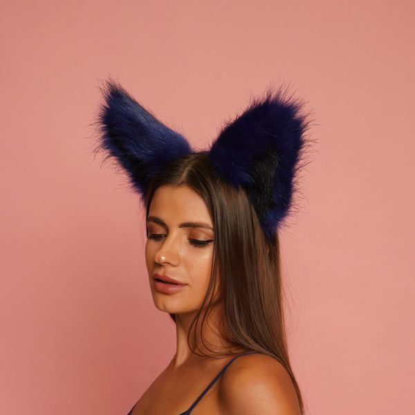 Fluffy kitsune ears blue with black tip