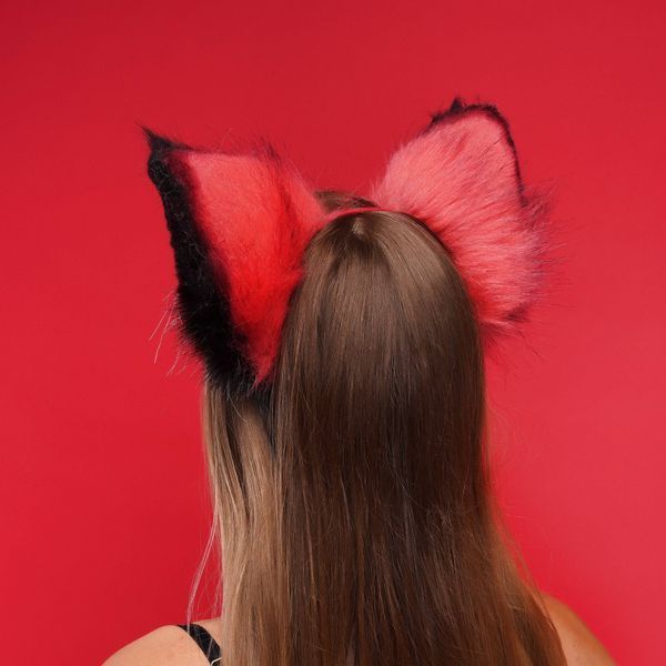 Fluffy kitsune ears red with black white tip